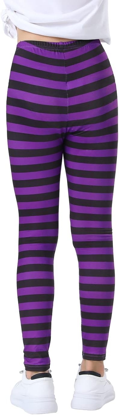 image:imageHDE Girls Leggings Holiday Stretchy Full Ankle Length Striped TightsPurple and Black Stripes