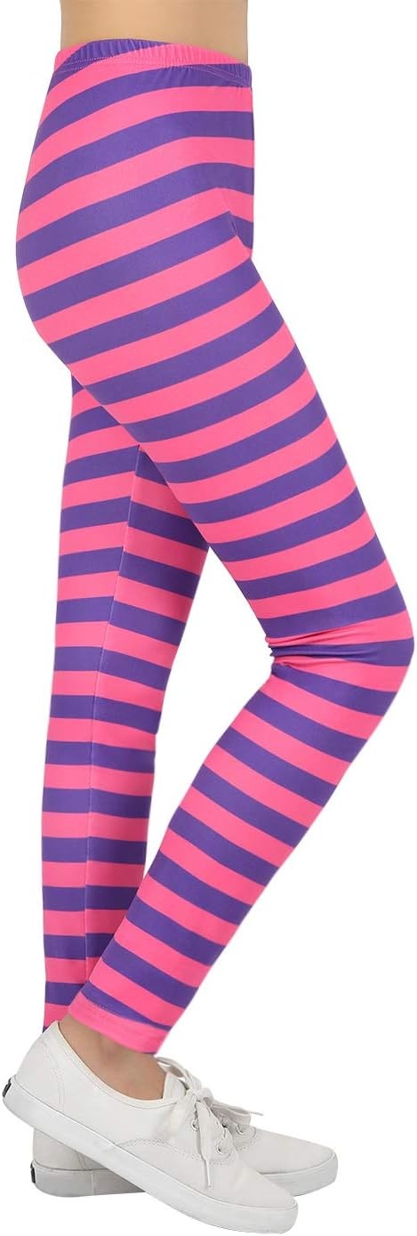 image:imageHDE Girls Leggings Holiday Stretchy Full Ankle Length Striped TightsPurple and Pink Cheshire Stripes