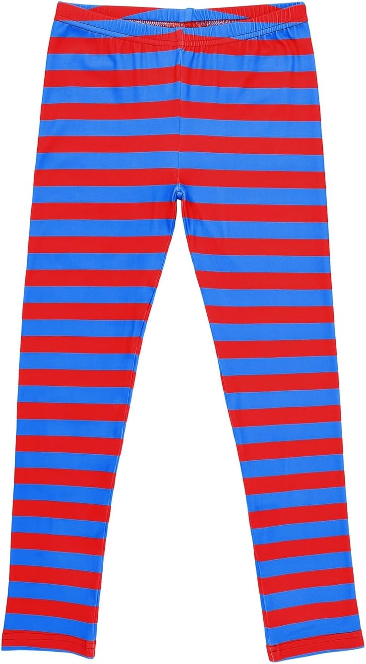 image:imageHDE Girls Leggings Holiday Stretchy Full Ankle Length Striped TightsRed and Blue and Stripes