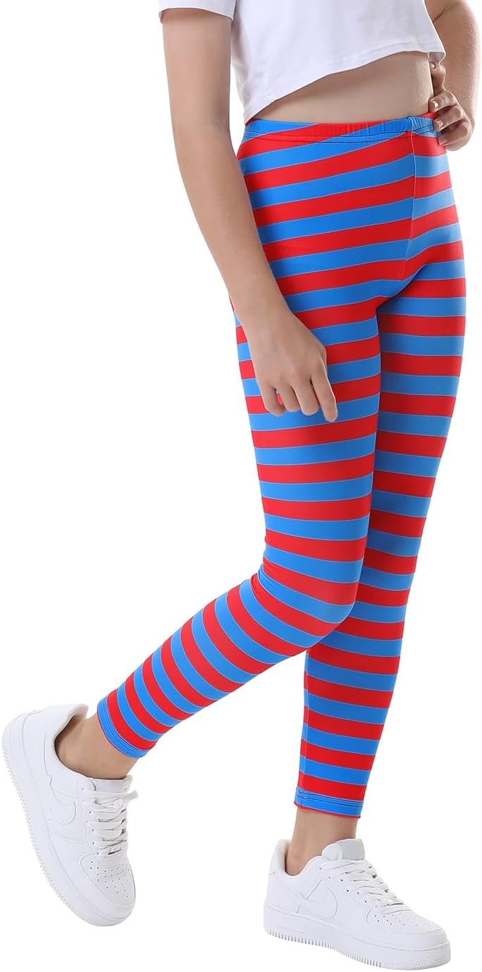 image:imageHDE Girls Leggings Holiday Stretchy Full Ankle Length Striped TightsRed and Blue and Stripes