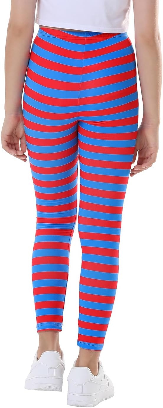 image:imageHDE Girls Leggings Holiday Stretchy Full Ankle Length Striped TightsRed and Blue and Stripes