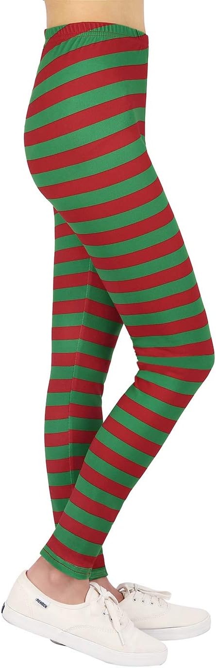 image:imageHDE Girls Leggings Holiday Stretchy Full Ankle Length Striped TightsRed and Green Holiday Stripes