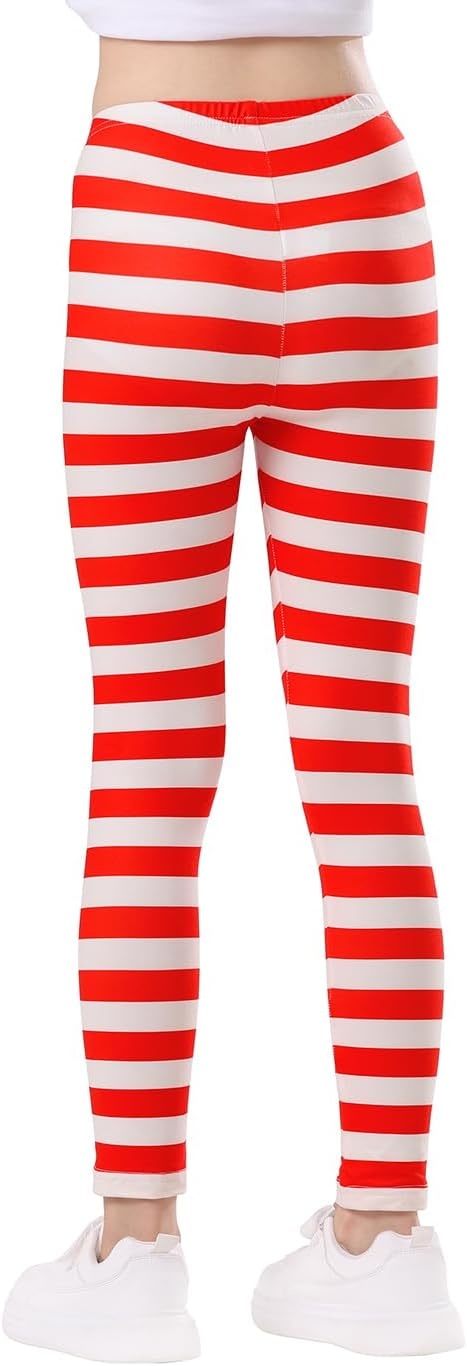 image:imageHDE Girls Leggings Holiday Stretchy Full Ankle Length Striped TightsRed and White Stripes