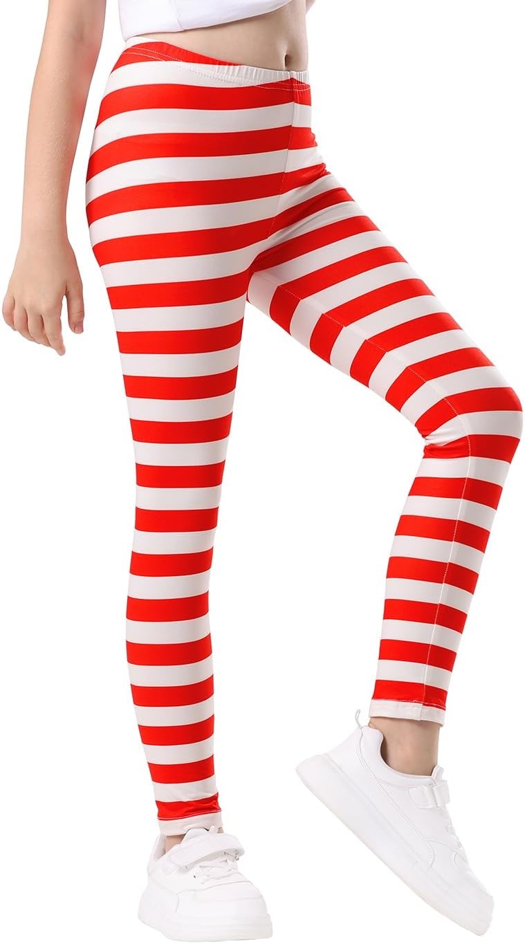 image:imageHDE Girls Leggings Holiday Stretchy Full Ankle Length Striped TightsRed and White Stripes