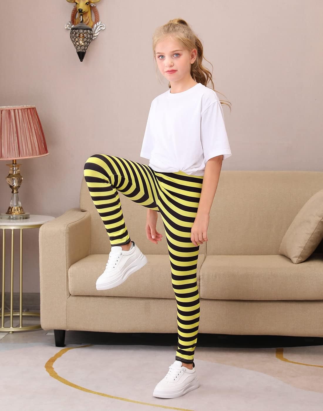 image:imageHDE Girls Leggings Holiday Stretchy Full Ankle Length Striped TightsYellow and Black Stripes
