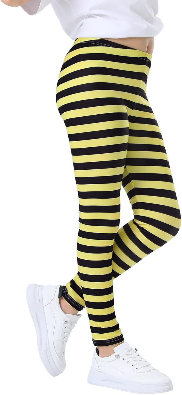 image:imageHDE Girls Leggings Holiday Stretchy Full Ankle Length Striped TightsYellow and Black Stripes
