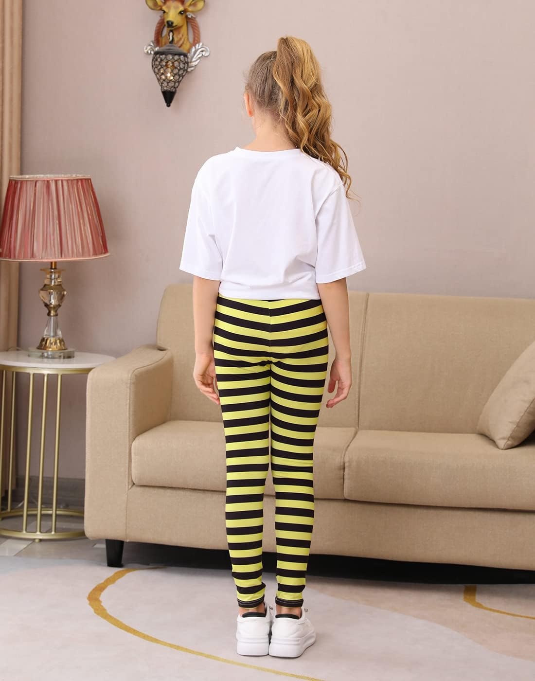 image:imageHDE Girls Leggings Holiday Stretchy Full Ankle Length Striped TightsYellow and Black Stripes
