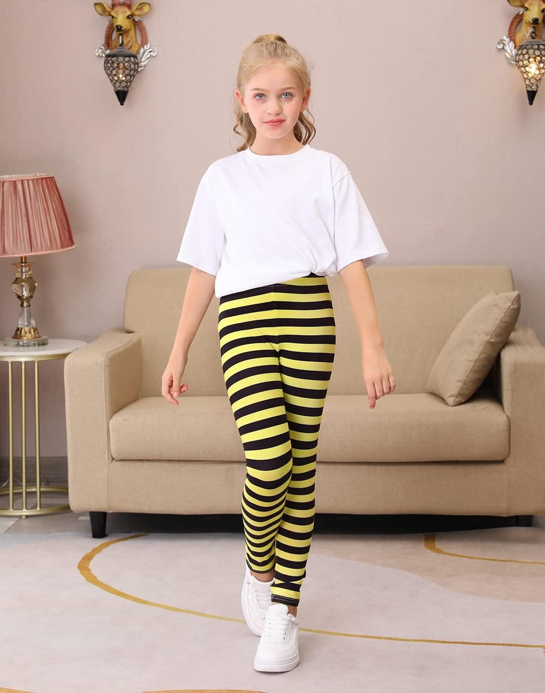 image:imageHDE Girls Leggings Holiday Stretchy Full Ankle Length Striped TightsYellow and Black Stripes