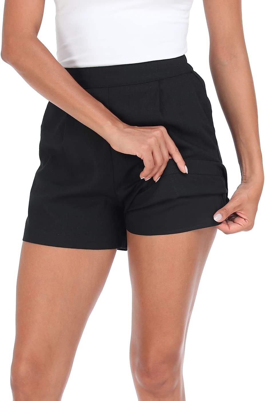 image:imageHDE High Waisted Linen Blend Pull On Dressy Summer Shorts for Women with PocketsBlack