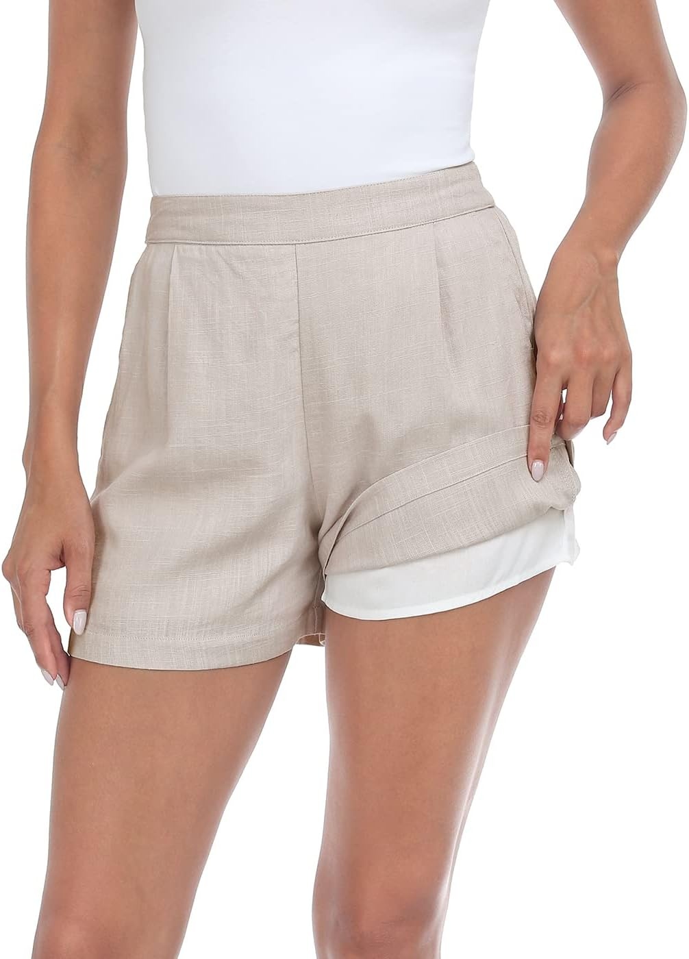 image:imageHDE High Waisted Linen Blend Pull On Dressy Summer Shorts for Women with PocketsGray Beige