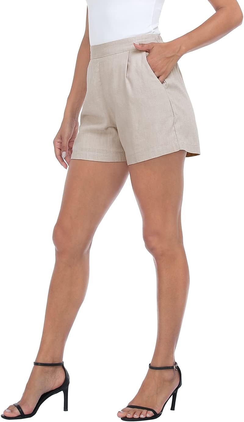 image:imageHDE High Waisted Linen Blend Pull On Dressy Summer Shorts for Women with PocketsGray Beige