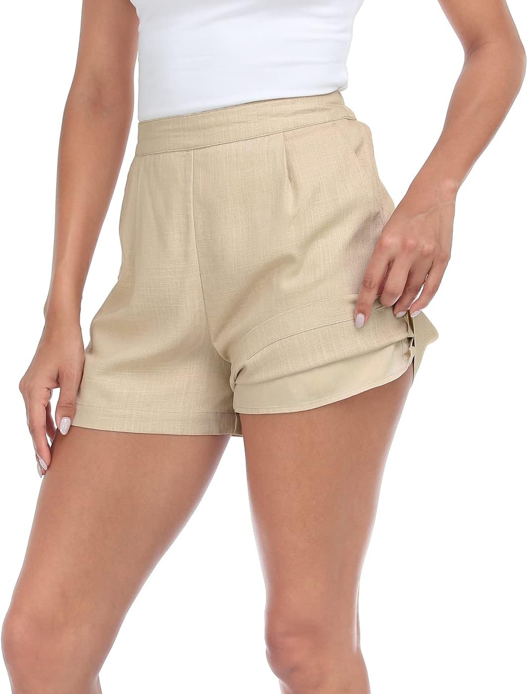 image:imageHDE High Waisted Linen Blend Pull On Dressy Summer Shorts for Women with PocketsKhaki