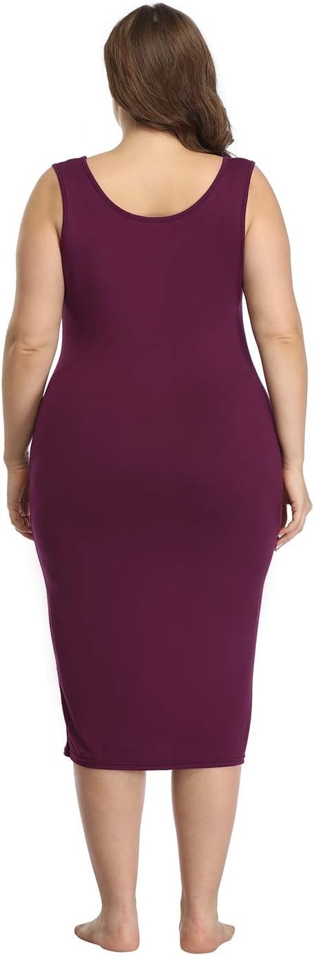 image:imageHDE Plus Size Bodycon Midi Dress Casual Fitted Jersey Tank Sundress Sleeveless Scoop Neck Soft Knit Everyday Stretchy DressBurgundy