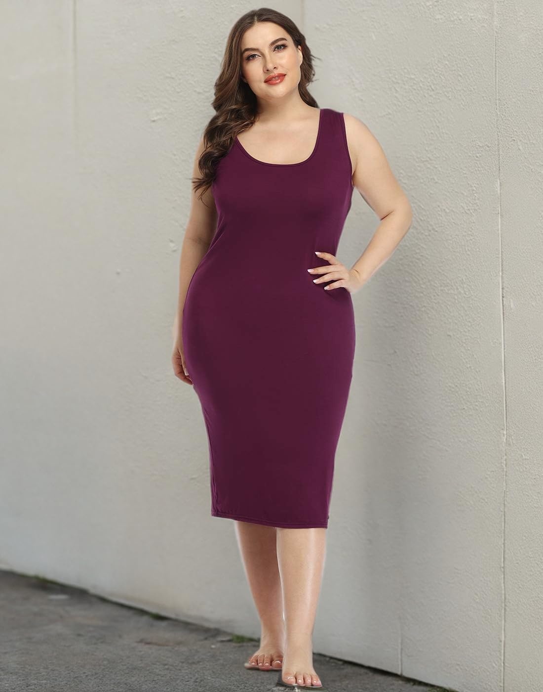 image:imageHDE Plus Size Bodycon Midi Dress Casual Fitted Jersey Tank Sundress Sleeveless Scoop Neck Soft Knit Everyday Stretchy DressBurgundy