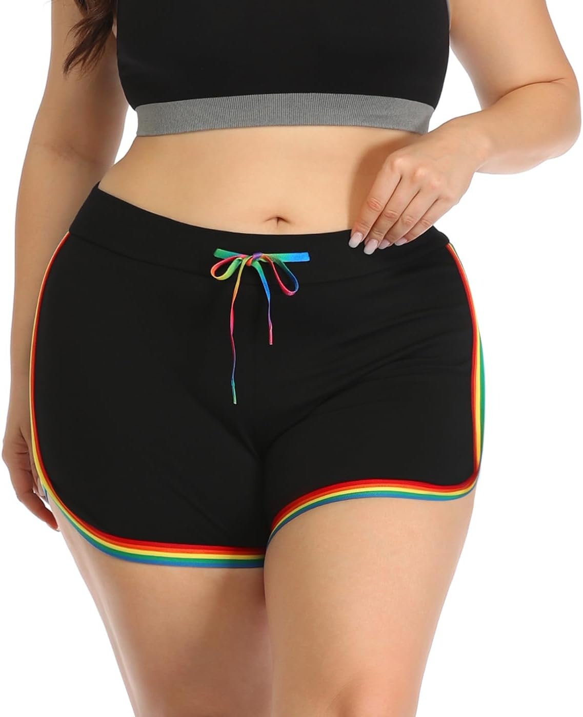 image:imageHDE Plus Size Dolphin Shorts for Women Running Workout Short Athletic BottomsBlack W Rainbow