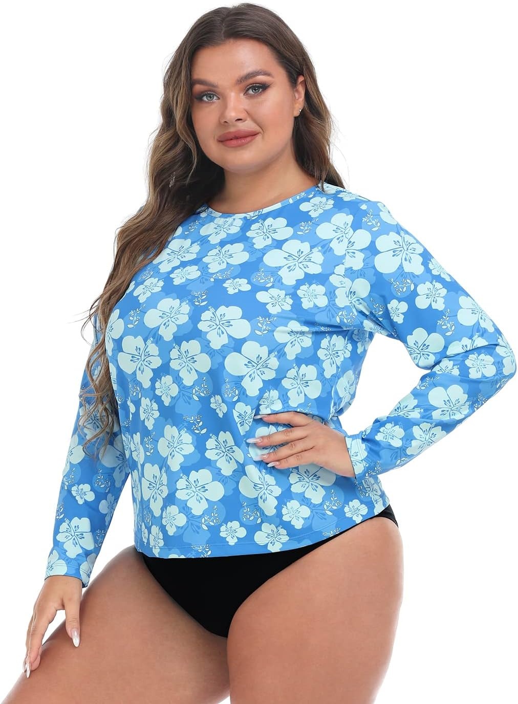image:imageHDE Plus Size Rash Guard for Women UPF 50 Quick Dry Long Sleeve Swim TopBlue Hibiscus