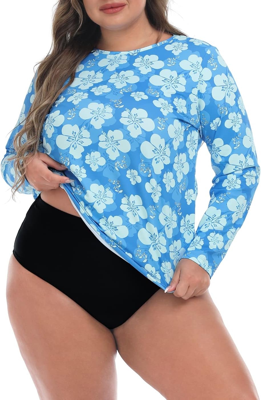 image:imageHDE Plus Size Rash Guard for Women UPF 50 Quick Dry Long Sleeve Swim TopBlue Hibiscus