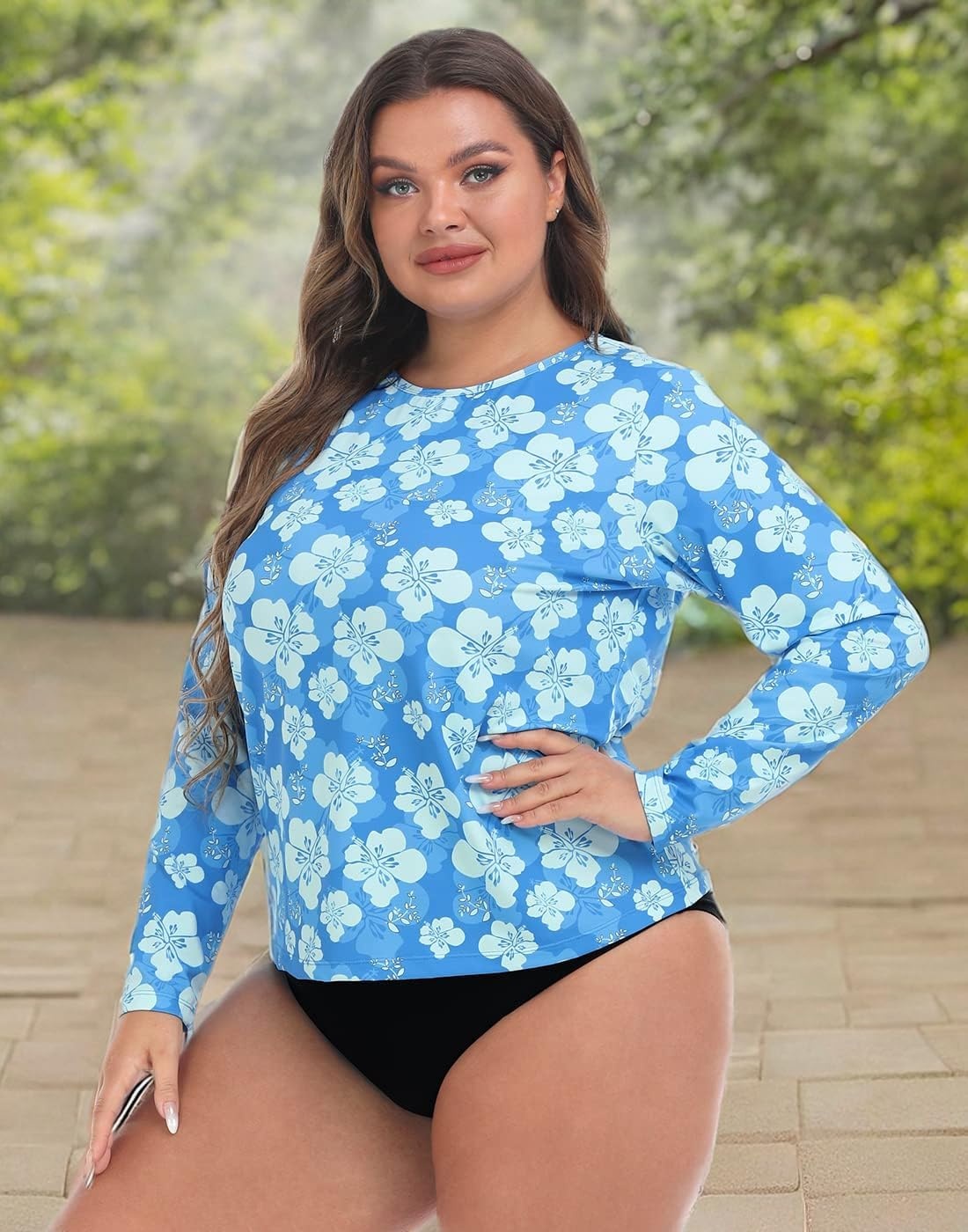 image:imageHDE Plus Size Rash Guard for Women UPF 50 Quick Dry Long Sleeve Swim TopBlue Hibiscus