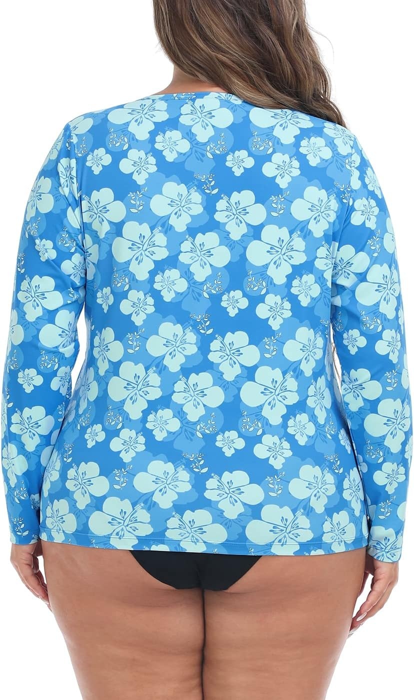 image:imageHDE Plus Size Rash Guard for Women UPF 50 Quick Dry Long Sleeve Swim TopBlue Hibiscus