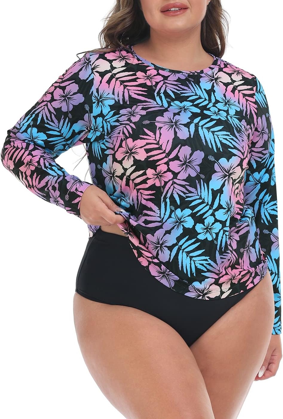 image:imageHDE Plus Size Rash Guard for Women UPF 50 Quick Dry Long Sleeve Swim TopHawaiian Black