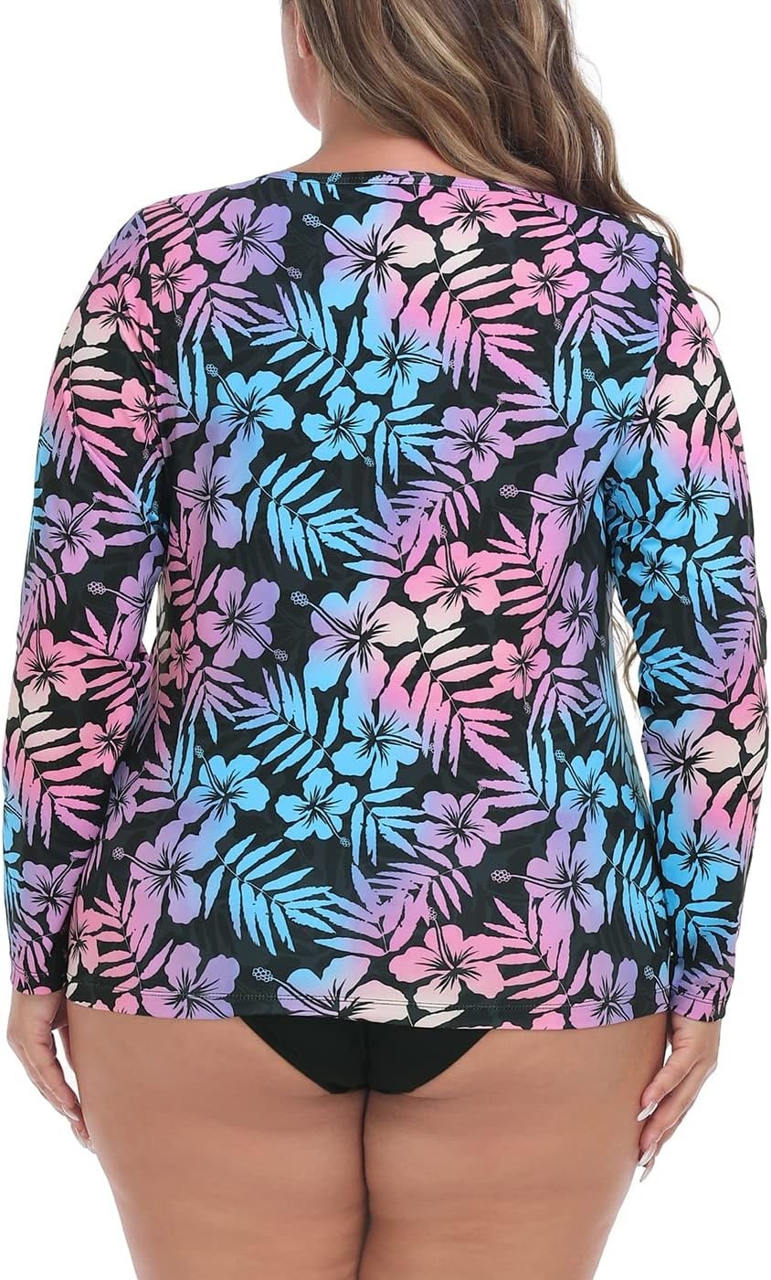 image:imageHDE Plus Size Rash Guard for Women UPF 50 Quick Dry Long Sleeve Swim TopHawaiian Black