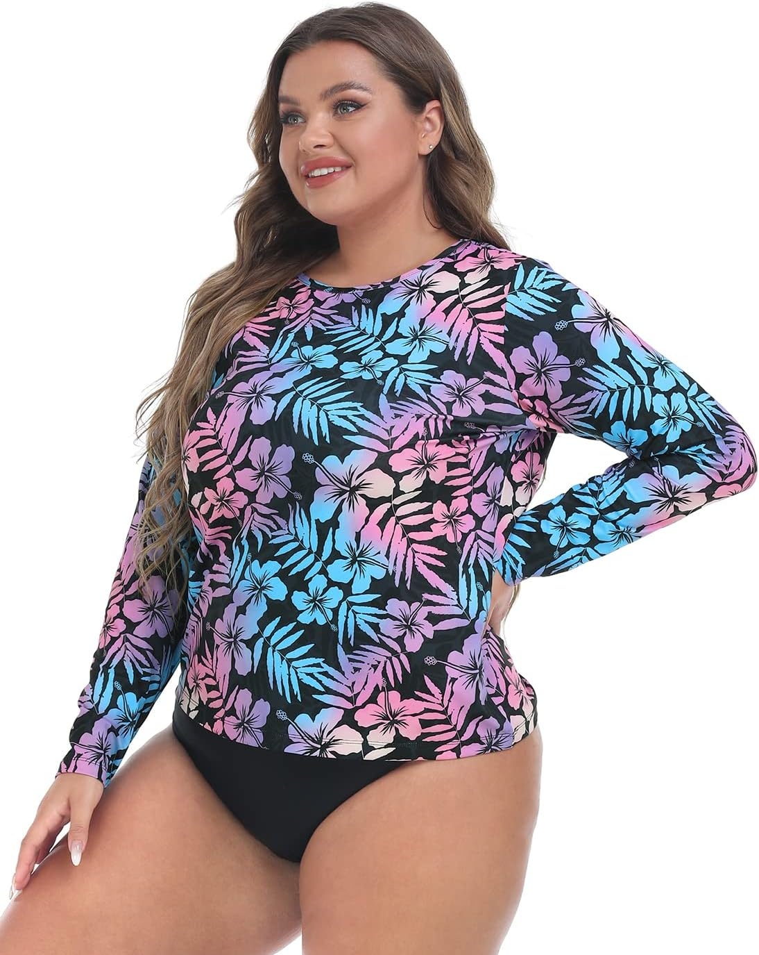image:imageHDE Plus Size Rash Guard for Women UPF 50 Quick Dry Long Sleeve Swim TopHawaiian Black