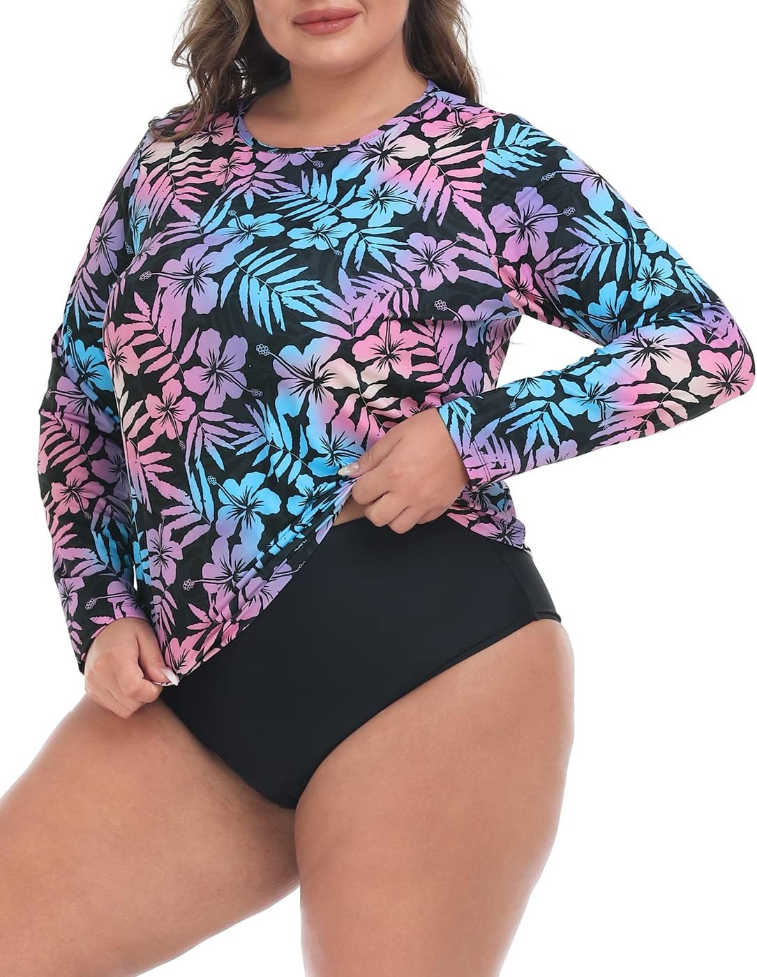 image:imageHDE Plus Size Rash Guard for Women UPF 50 Quick Dry Long Sleeve Swim TopHawaiian Black