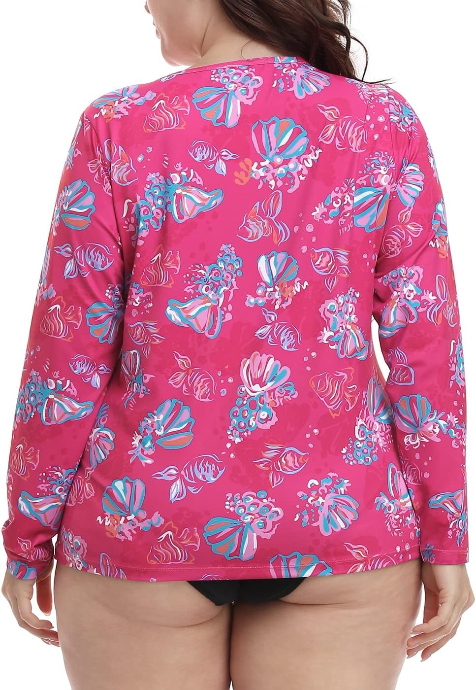 image:imageHDE Plus Size Rash Guard for Women UPF 50 Quick Dry Long Sleeve Swim TopPink Seashells