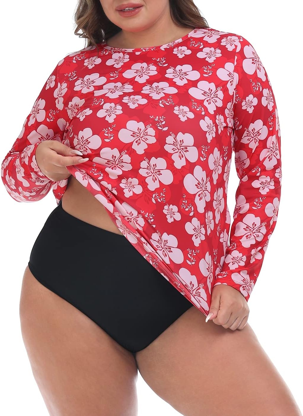 image:imageHDE Plus Size Rash Guard for Women UPF 50 Quick Dry Long Sleeve Swim TopRed Hibiscus