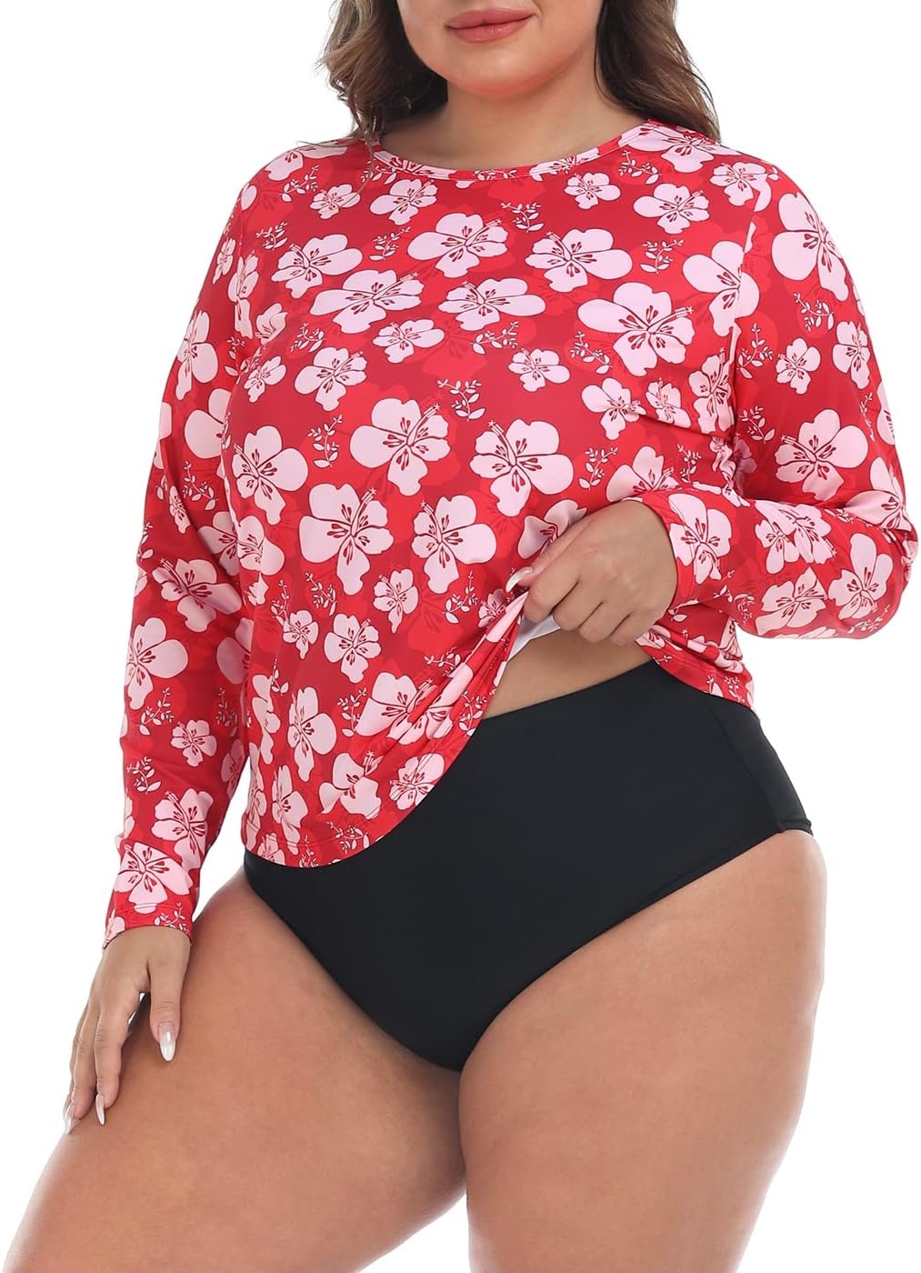 image:imageHDE Plus Size Rash Guard for Women UPF 50 Quick Dry Long Sleeve Swim TopRed Hibiscus