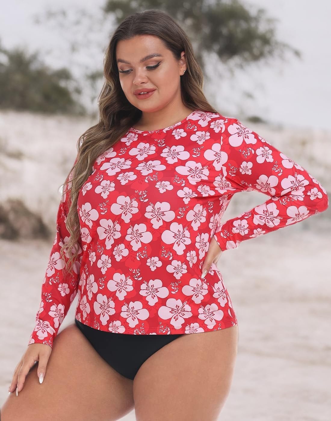 image:imageHDE Plus Size Rash Guard for Women UPF 50 Quick Dry Long Sleeve Swim TopRed Hibiscus