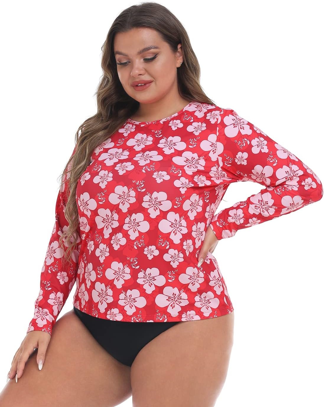 image:imageHDE Plus Size Rash Guard for Women UPF 50 Quick Dry Long Sleeve Swim TopRed Hibiscus