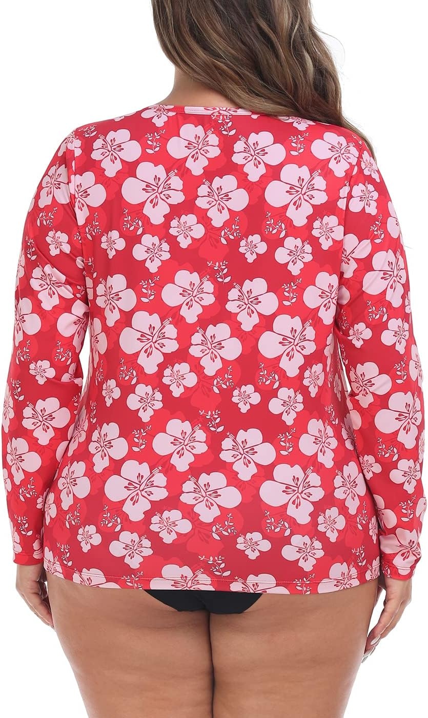 image:imageHDE Plus Size Rash Guard for Women UPF 50 Quick Dry Long Sleeve Swim TopRed Hibiscus