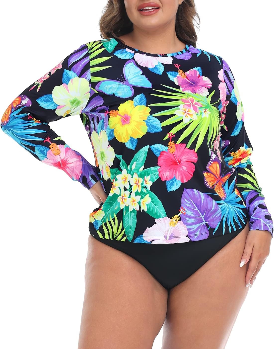 image:imageHDE Plus Size Rash Guard for Women UPF 50 Quick Dry Long Sleeve Swim TopRetro Paradise