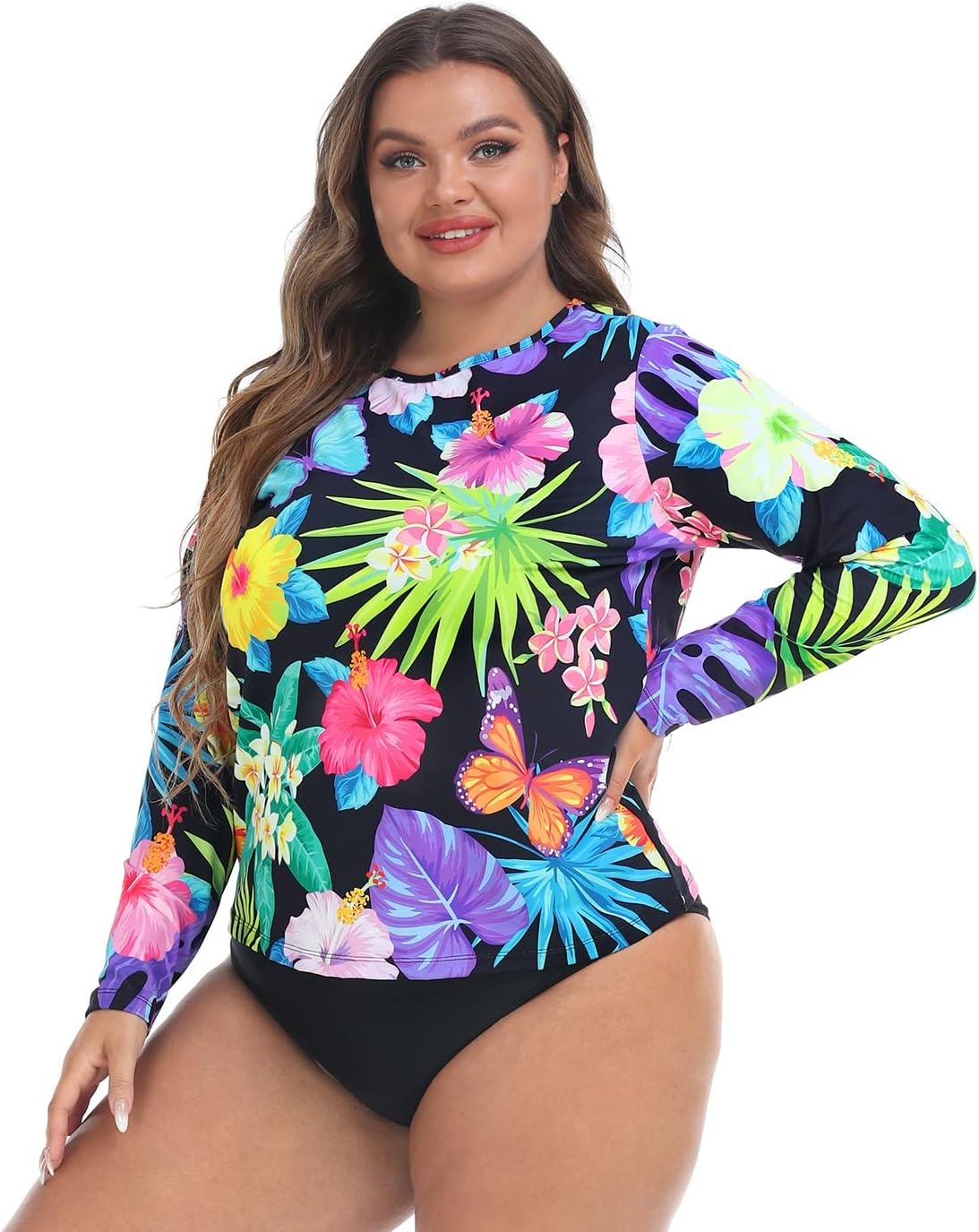image:imageHDE Plus Size Rash Guard for Women UPF 50 Quick Dry Long Sleeve Swim TopRetro Paradise