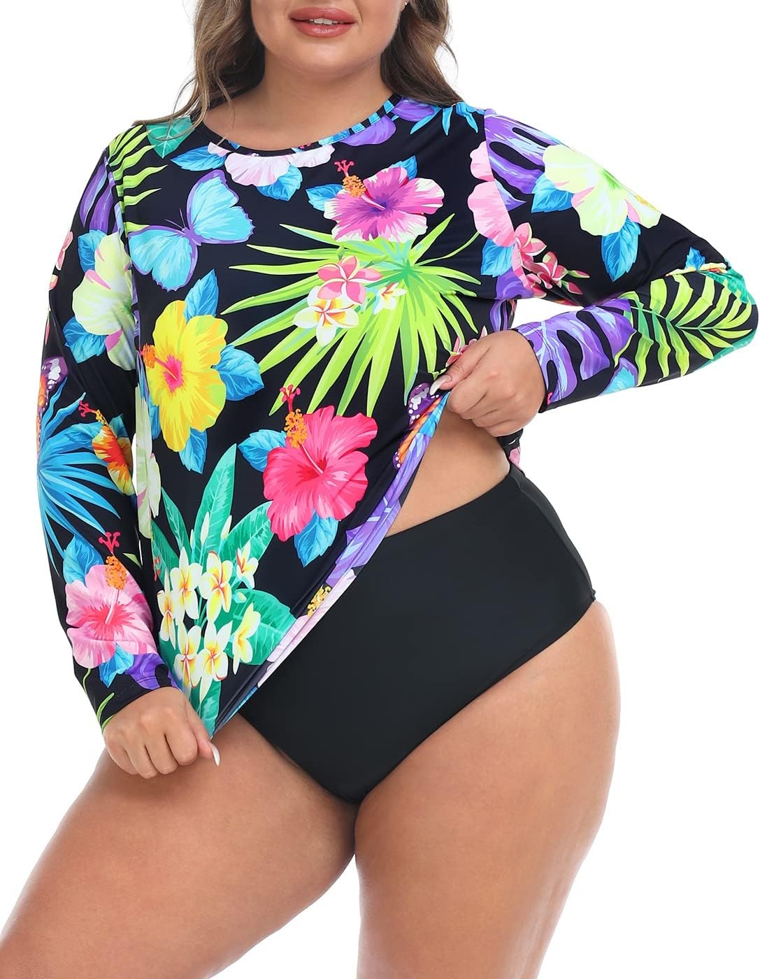 image:imageHDE Plus Size Rash Guard for Women UPF 50 Quick Dry Long Sleeve Swim TopRetro Paradise