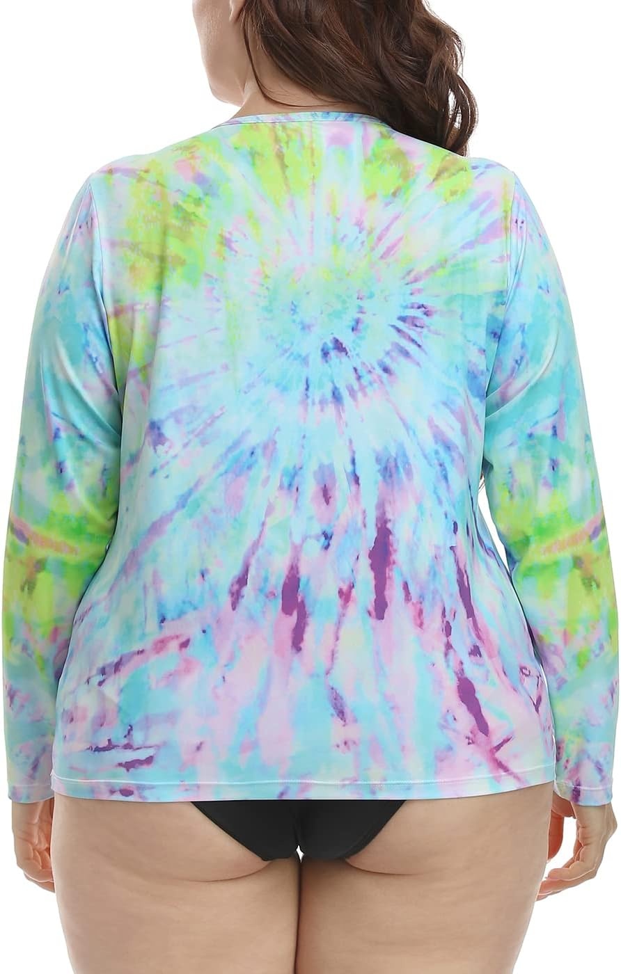 image:imageHDE Plus Size Rash Guard for Women UPF 50 Quick Dry Long Sleeve Swim TopTie Dye