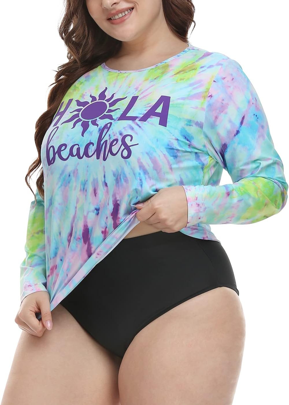 image:imageHDE Plus Size Rash Guard for Women UPF 50 Quick Dry Long Sleeve Swim TopTie Dye