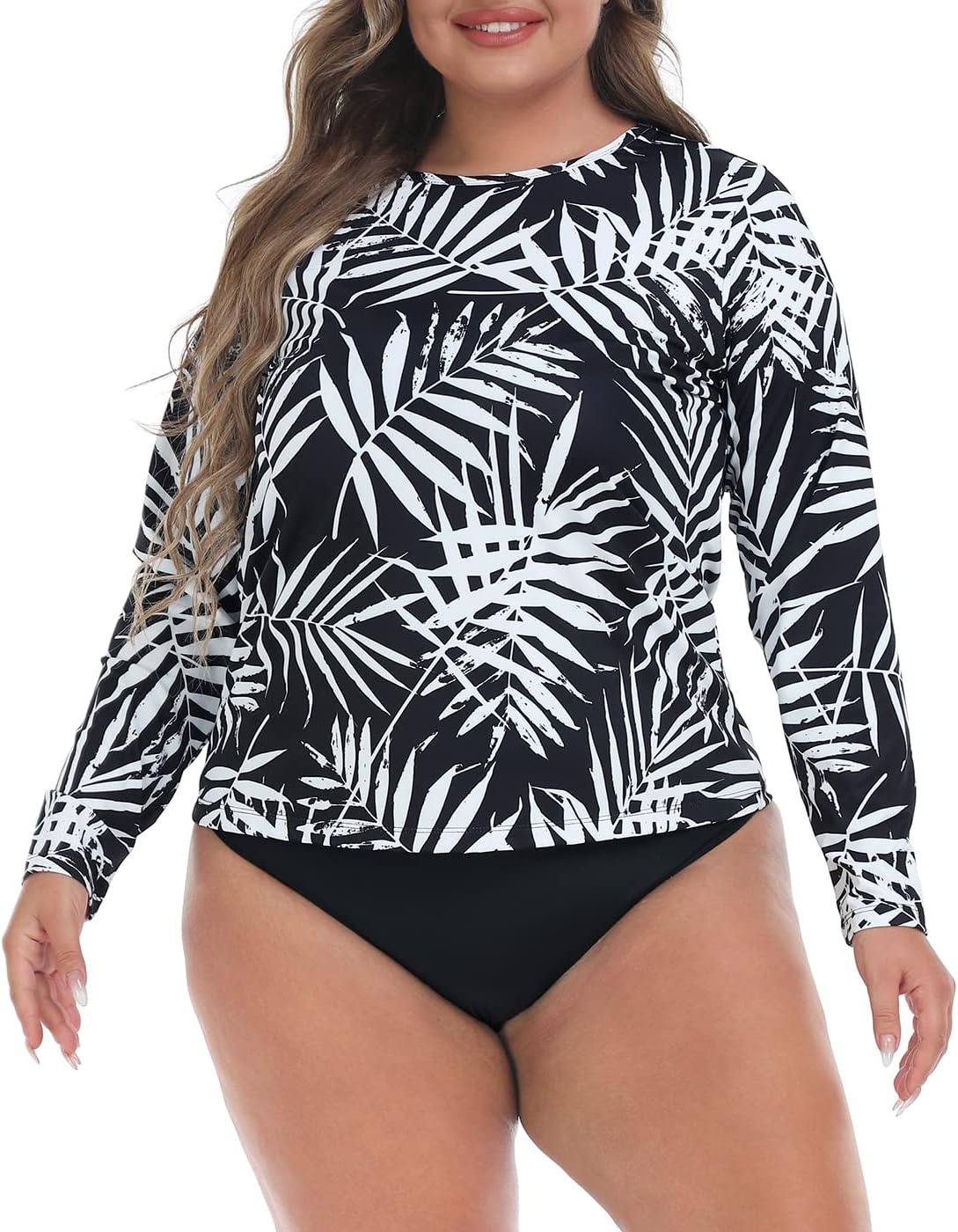 image:imageHDE Plus Size Rash Guard for Women UPF 50 Quick Dry Long Sleeve Swim TopTropical Black