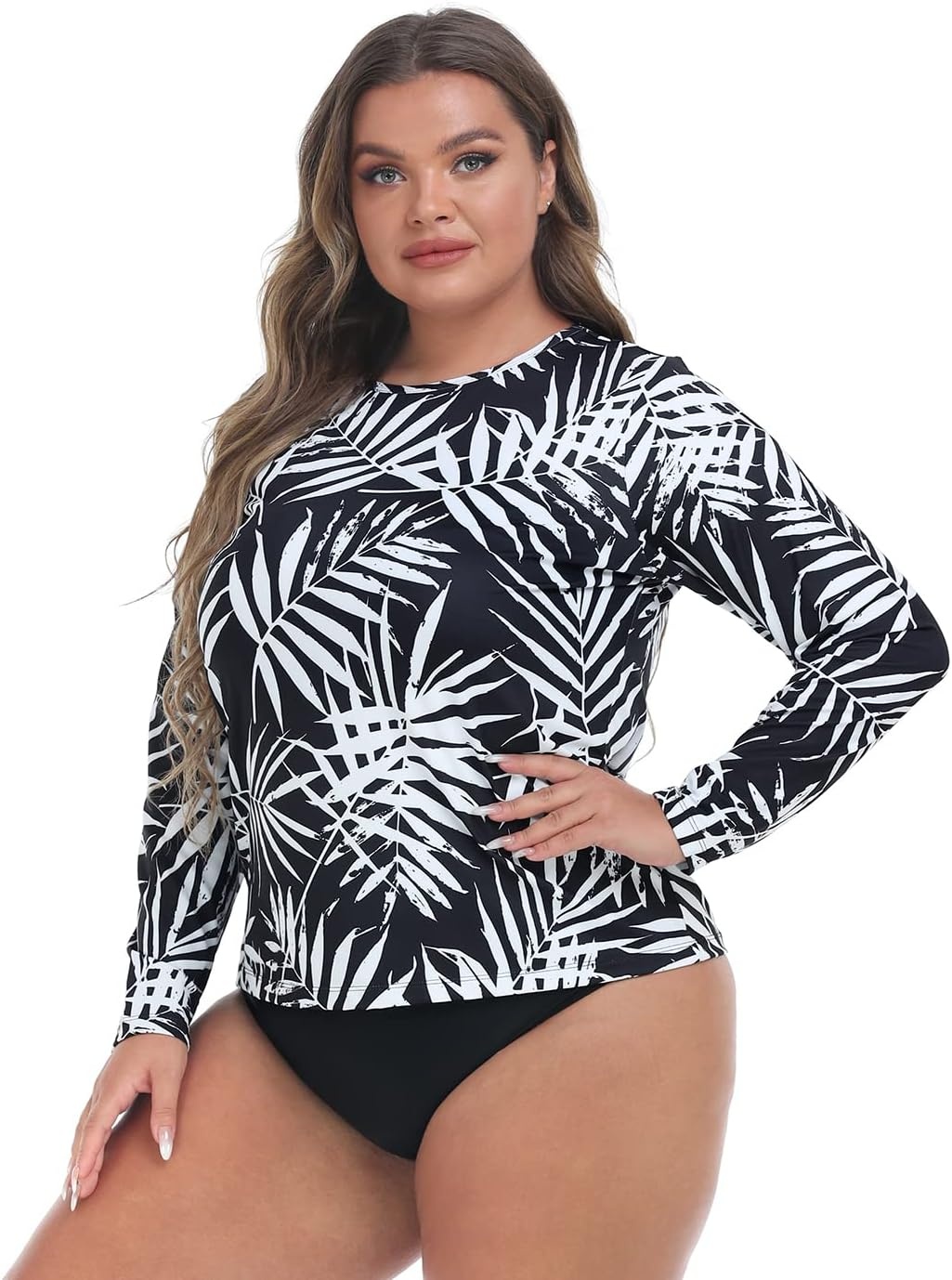 image:imageHDE Plus Size Rash Guard for Women UPF 50 Quick Dry Long Sleeve Swim TopTropical Black