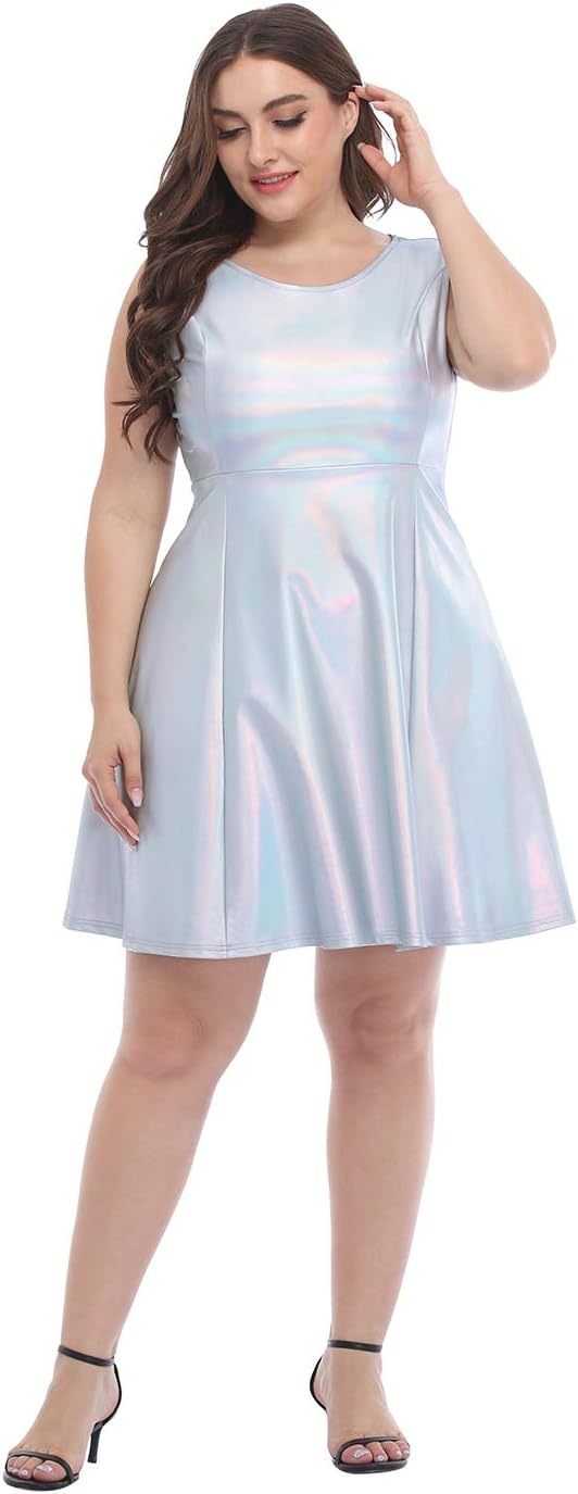 image:imageHDE Plus Size Shiny Metallic Alien Costume Dress Futuristic Sleeveless Space Skater DressHolographic