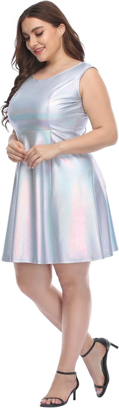 image:imageHDE Plus Size Shiny Metallic Alien Costume Dress Futuristic Sleeveless Space Skater DressHolographic
