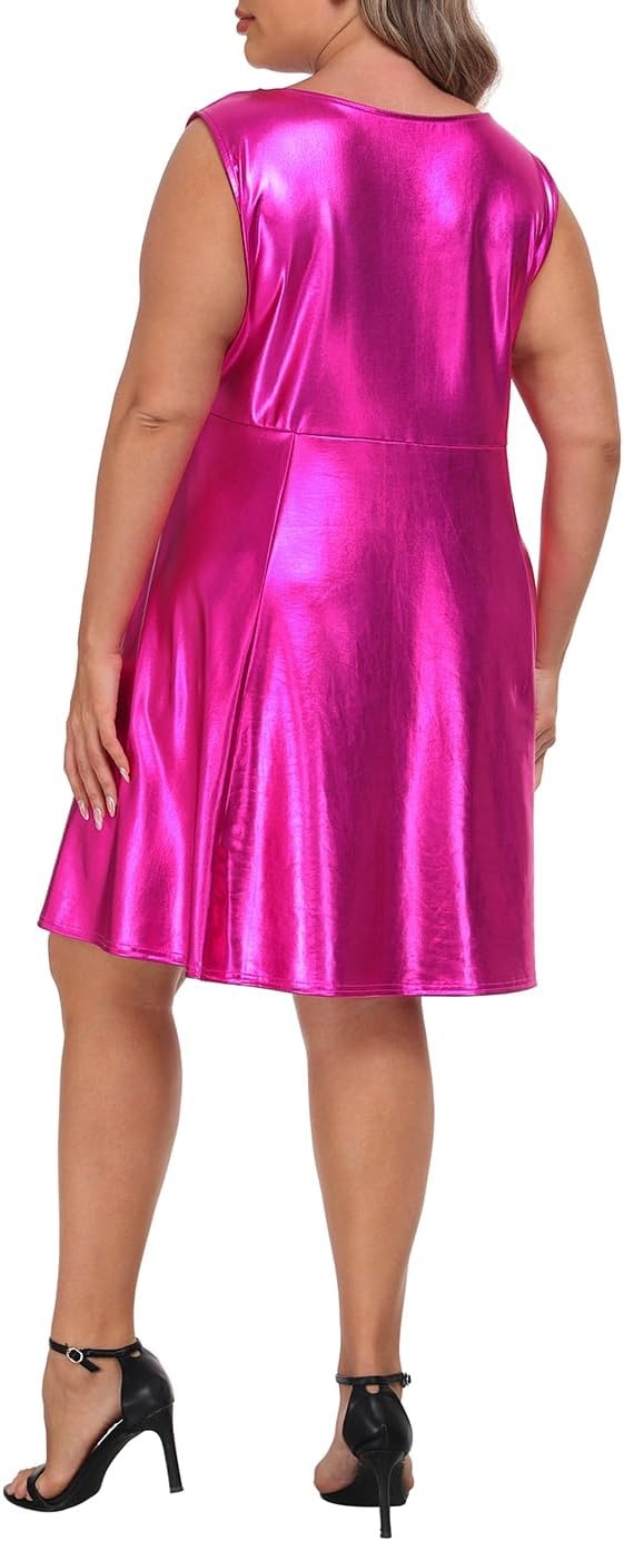 image:imageHDE Plus Size Shiny Metallic Alien Costume Dress Futuristic Sleeveless Space Skater DressHot Pink