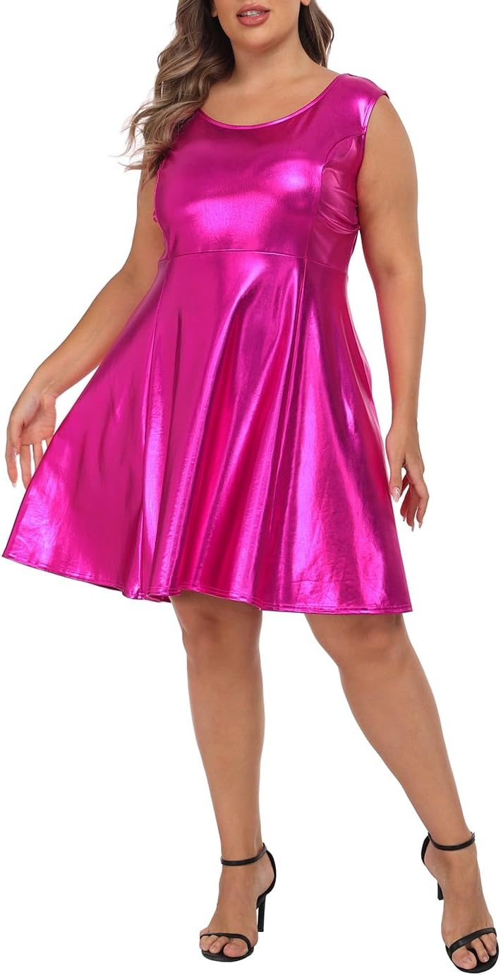 image:imageHDE Plus Size Shiny Metallic Alien Costume Dress Futuristic Sleeveless Space Skater DressHot Pink