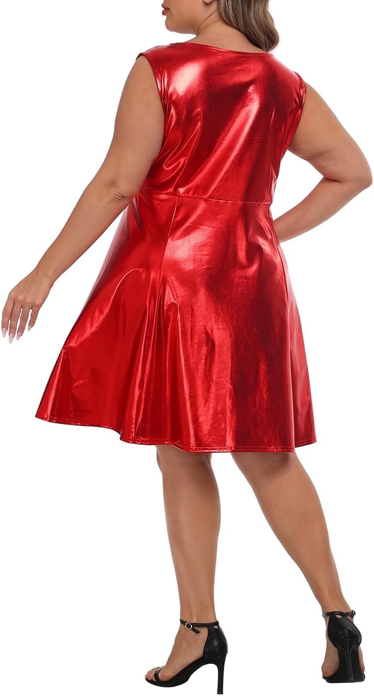 image:imageHDE Plus Size Shiny Metallic Alien Costume Dress Futuristic Sleeveless Space Skater DressRed