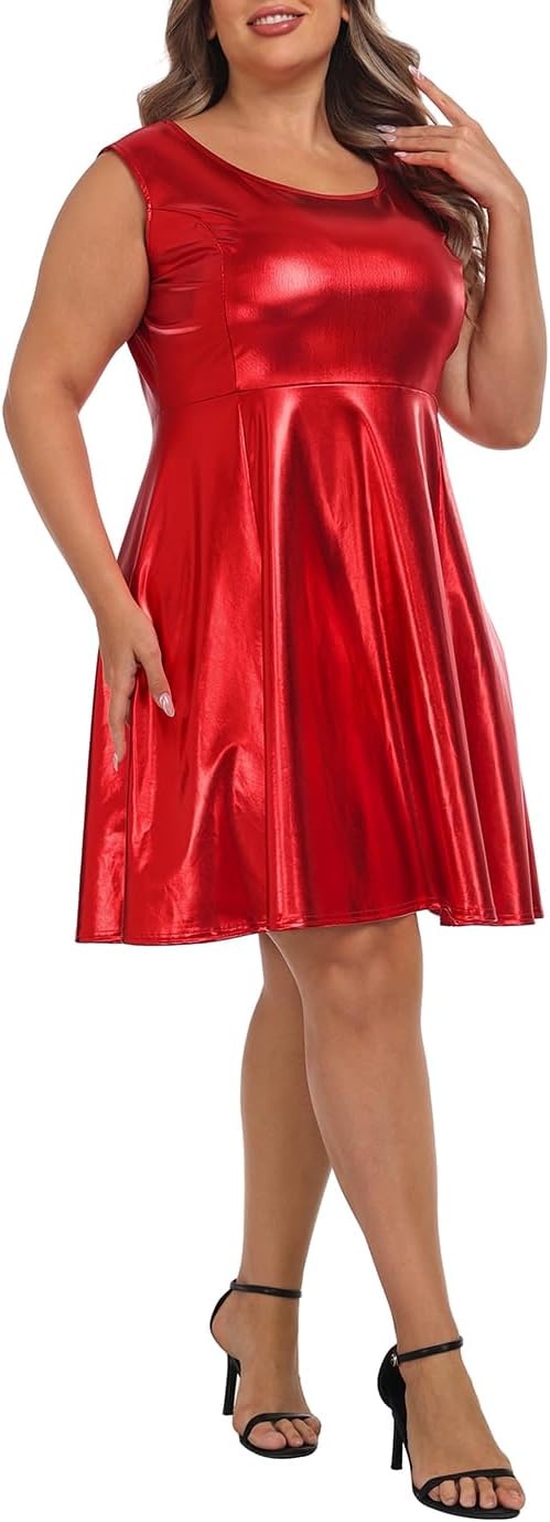 image:imageHDE Plus Size Shiny Metallic Alien Costume Dress Futuristic Sleeveless Space Skater DressRed