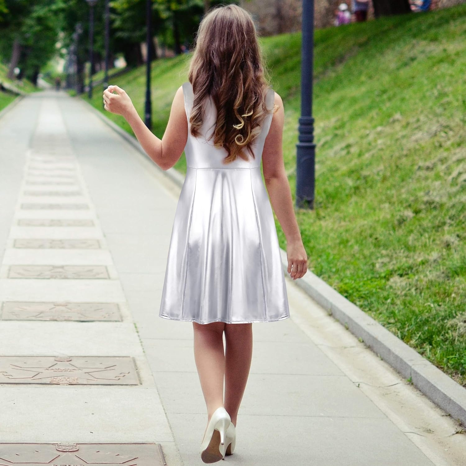 image:imageHDE Plus Size Shiny Metallic Alien Costume Dress Futuristic Sleeveless Space Skater DressSilver