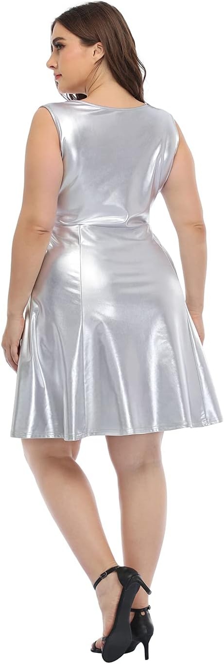 image:imageHDE Plus Size Shiny Metallic Alien Costume Dress Futuristic Sleeveless Space Skater DressSilver