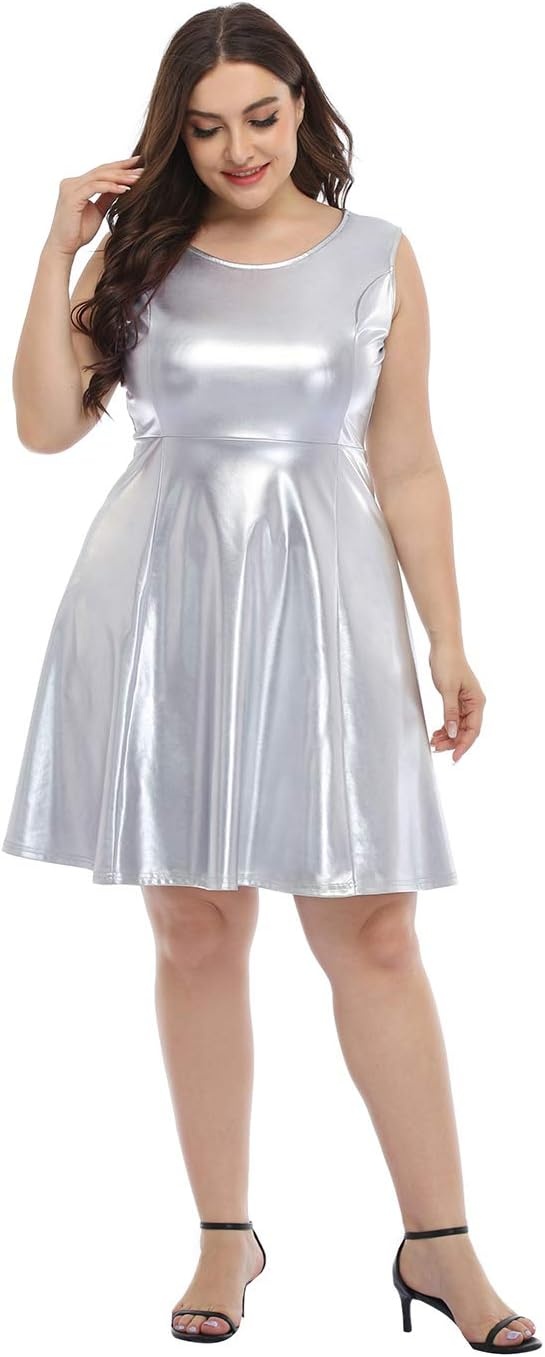 image:imageHDE Plus Size Shiny Metallic Alien Costume Dress Futuristic Sleeveless Space Skater DressSilver