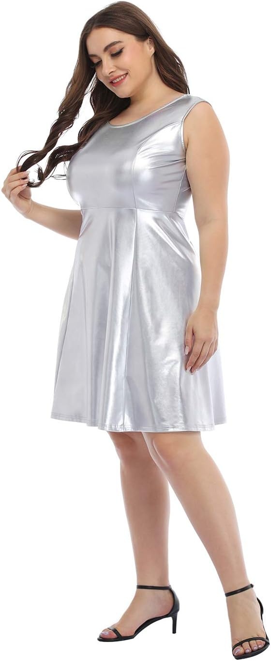 image:imageHDE Plus Size Shiny Metallic Alien Costume Dress Futuristic Sleeveless Space Skater DressSilver
